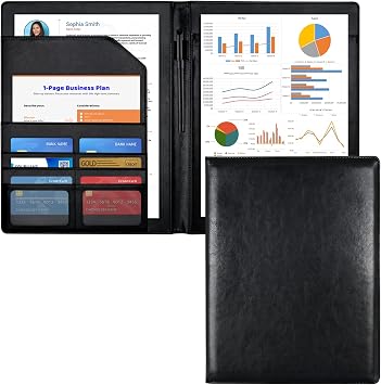 Cacturism Padfolio Portfolio Folder, Foldable Letter Size Writting Pad, PU Leather Professional Folio Organizer for Women - Resume Business Legal Document Holder for Job School Office, Black
