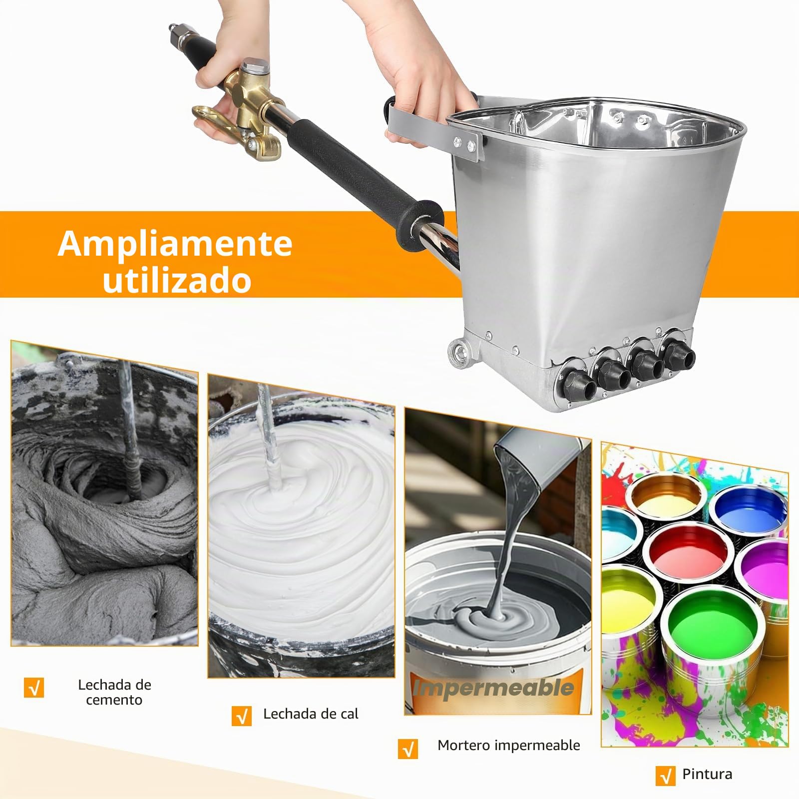 Pistola de mortero de 4 chorros Pistola pulverizadora para mortero 3,5L Máquina de enlucido con manguera de aire a alta presión de 12mm x 10m Herramienta pintura para paredes y techos-Sin tapa