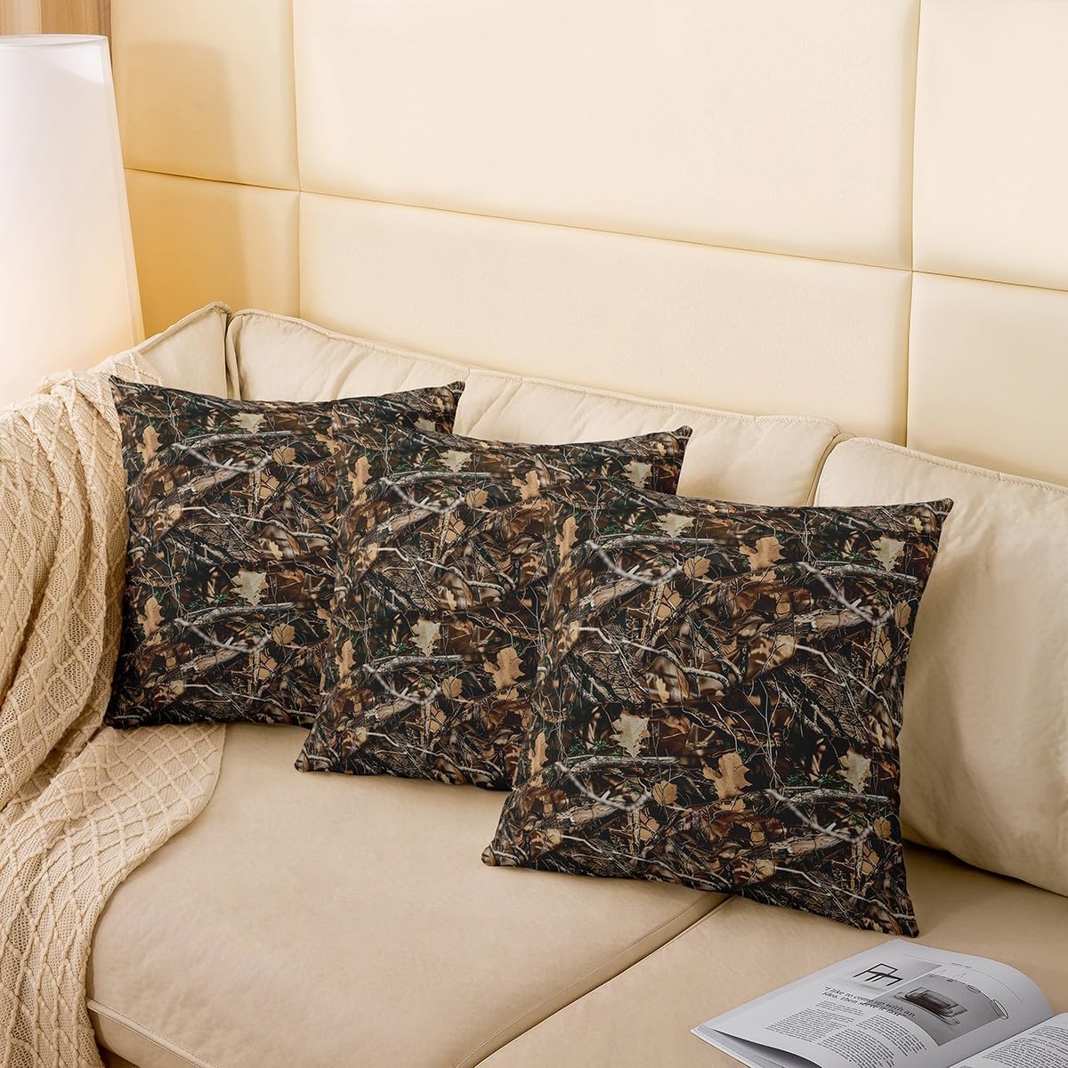 jejeloiu Camouflage Throw Pillow Covers 22"x22" Set of 2 Soft Tree Branches Pillow Cases Cushion Covers Decor Camo Tree Military Style Botanical Throw Pillowcases Brown Leaf Cushion Cases