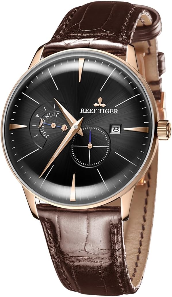 REEF TIGER Luxury Watches for Men Rose Gold Leather Strap Automatic Analog Watches Waterproof RGA8219 (RGA8219-PBS)
