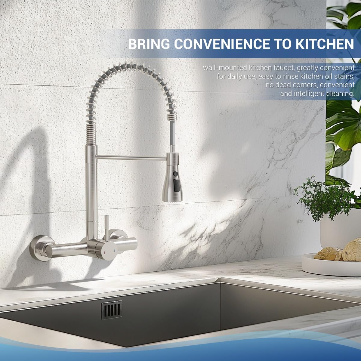 Wall Mount Kitchen Faucet with Pull Down Sprayer 3 Functions, 304 Stainless Steel Wall Mount Faucet 8 Inch Center, Single Handle Kitchen Sink Faucet High Arc 360° Swivel, Brushed Nickel