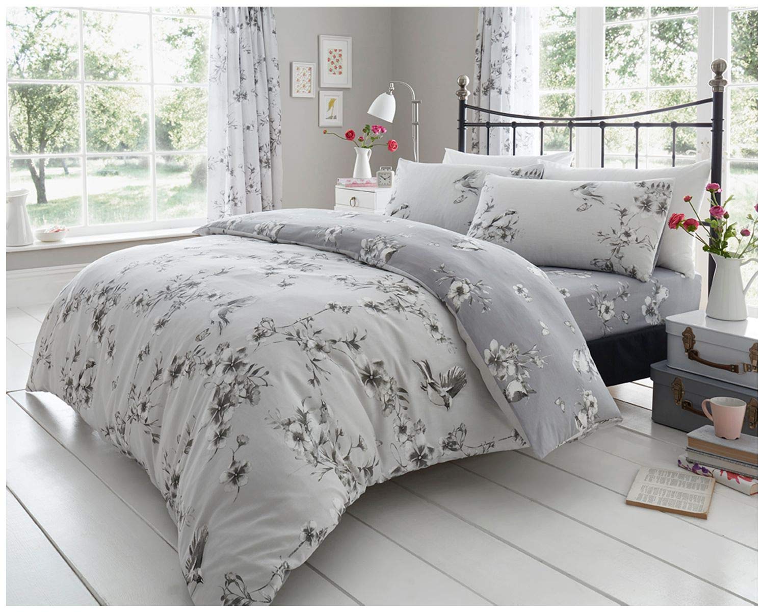 Gc Gaveno Cavailia Grey Botanical Vintage Flowers Bedding, Floral Kingsize Duvet Cover Set, Breathable Comfy Warm Quilt Bedset