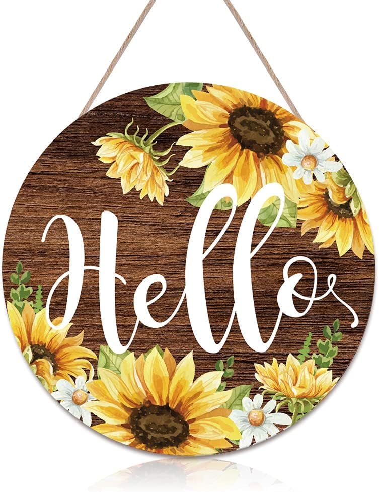 CHDITB Hello Welcome Wood Wall Hanging Sign, Colourful Sunflower Wooden Front Door Decor (12''x12''), Round Antique Wood Rustic Porch Decoration for Home Office Garden Farmhouse