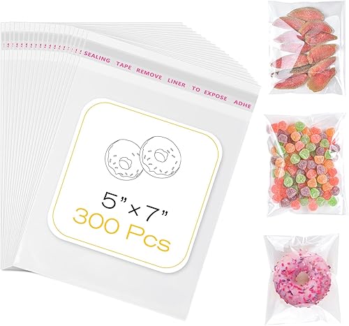 300 Pcs Clear Self Sealing Cellophane Bags, 5x7 Inches Cookie Bags Resealable Cellophane Bag for Packaging Cookies, Candy, Gifts, Favors and Products, 3 Mils Individual Self Adhesive Wrappers