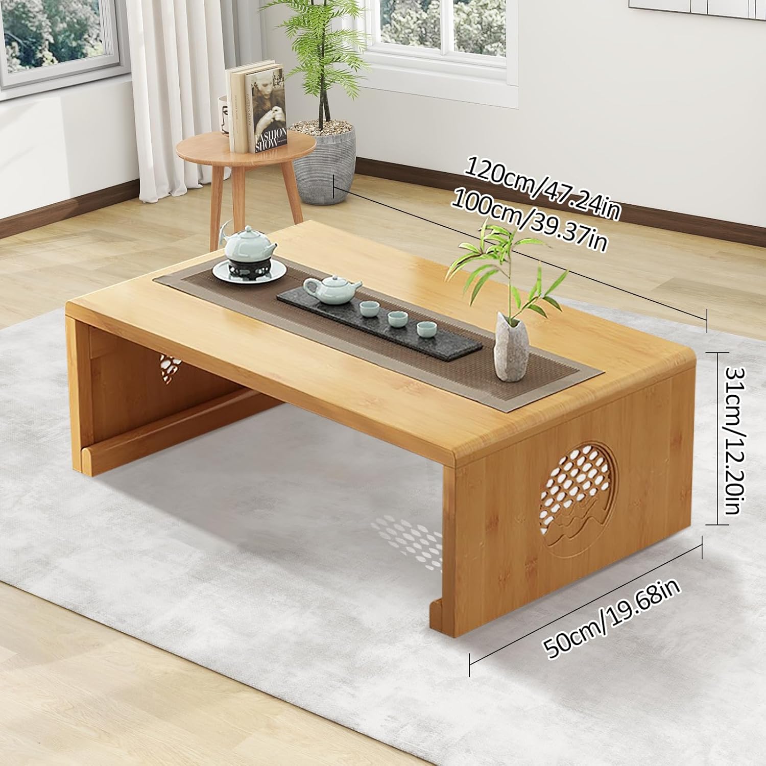Folding Coffee Table Foldable Japanese Floor Table Low Table for Living Room,Dining Room,Tea,Tatami,Home Decoration (Log Color 39.37 * 19.68 * 12.2 INCH)