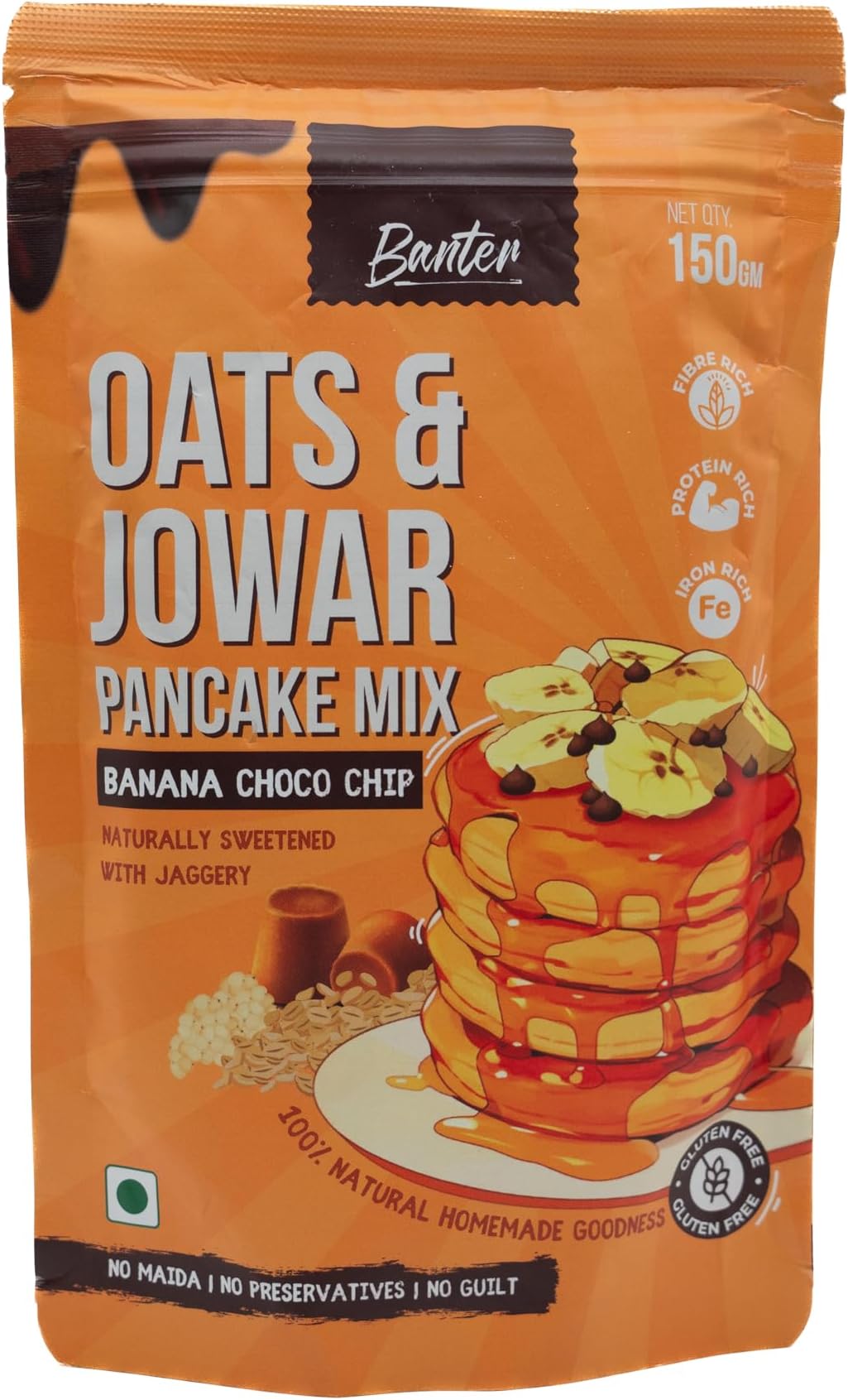 Oats & Jowar Pancake Mix – 100% Natural, Jaggery-Sweetened, Gluten-Free, No Maida, No Preservatives, Fiber, Protein & Iron Rich, Homemade Goodness (150, Banana)-Pack of 1