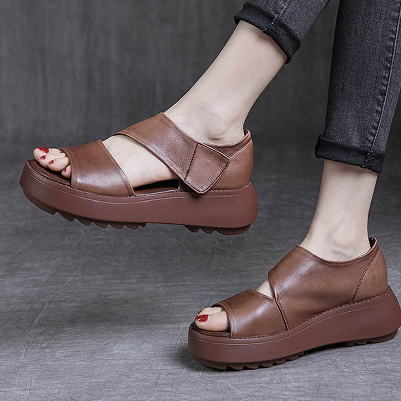 Générique Damskie sandały damskie buty z grubą podeszwą, odkryte palce, rybie usta, codzienne szelki w stylu retro, sandały do noszenia na co dzień, boho, perłowa skóra
