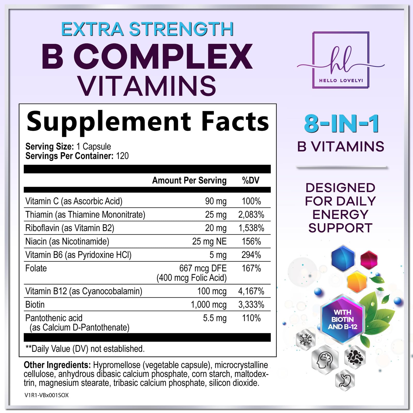 B Complex Vitamin Supplement - 3X Strength with Biotin, Vitamin C & Folic Acid - Super B12 Complex Vitamins for Energy, Supports Hair Growth, Immune Support for Women & Men, USA Bottled, 120 Capsules — Amazon image 2