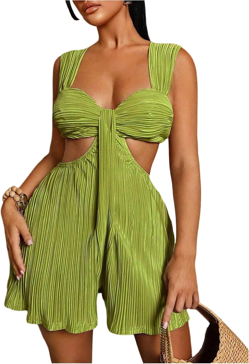 SweatyRocks Women's Sleeveless Textured Wide Leg Cut Out Romper Shorts Summer Flowy Jumpsuit
