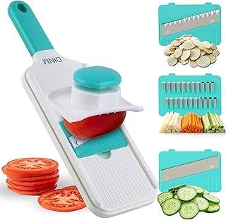 DINM Handheld Mandoline Slicer for Kitchen – Stainless Steel Vegetable Slicer with 3 Interchangeable Blades, Safety Food Holder, Potato, Cucumber & Carrot Cutter
