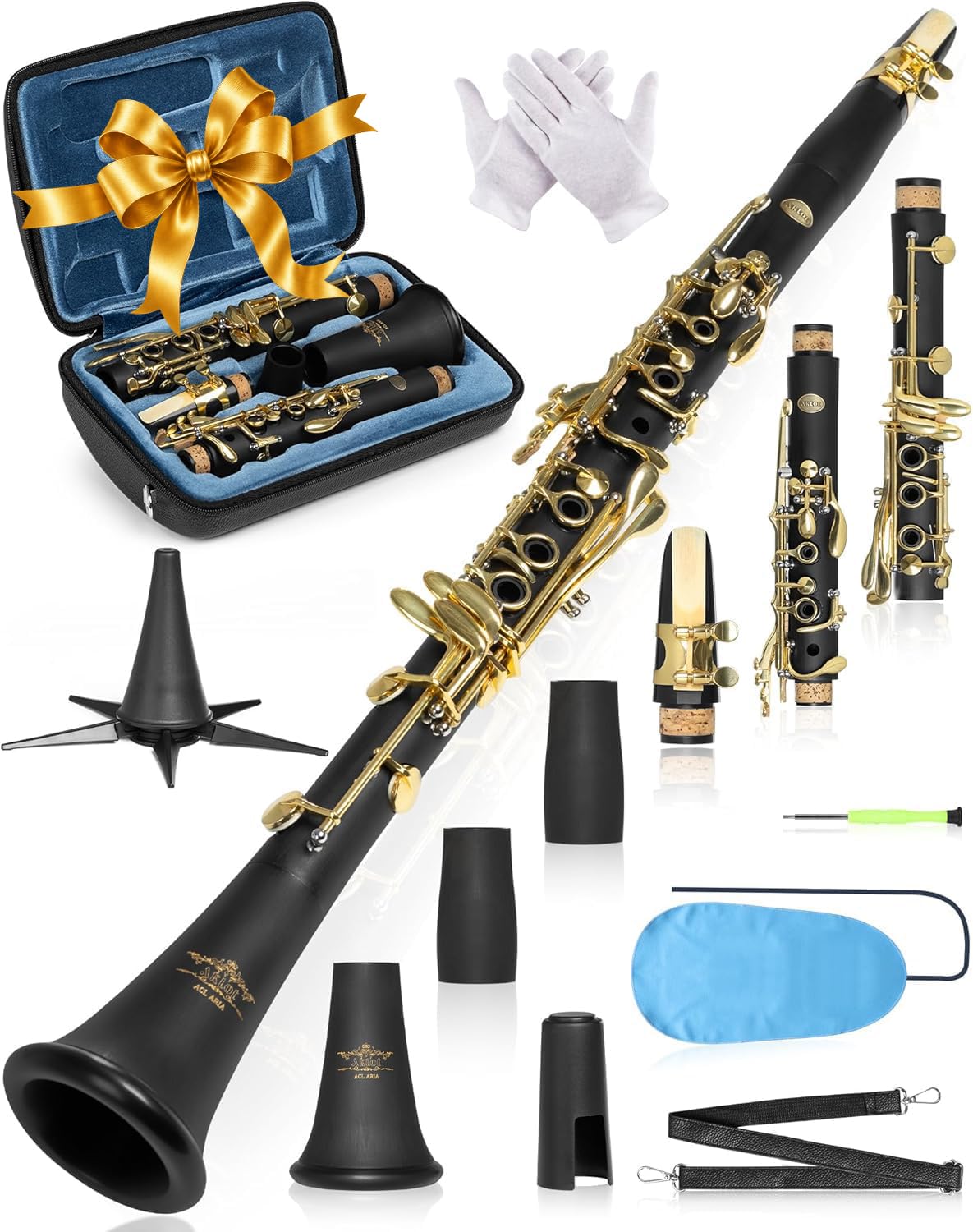AKLOT B Flat Concert Clarinet: Precision Tone Hole Design for Stable Intonation, Durable Gold-Plated Keys, Including Leather Hard Case, Barrel, Stand, Full Cleaning Kit (Aria-AG)