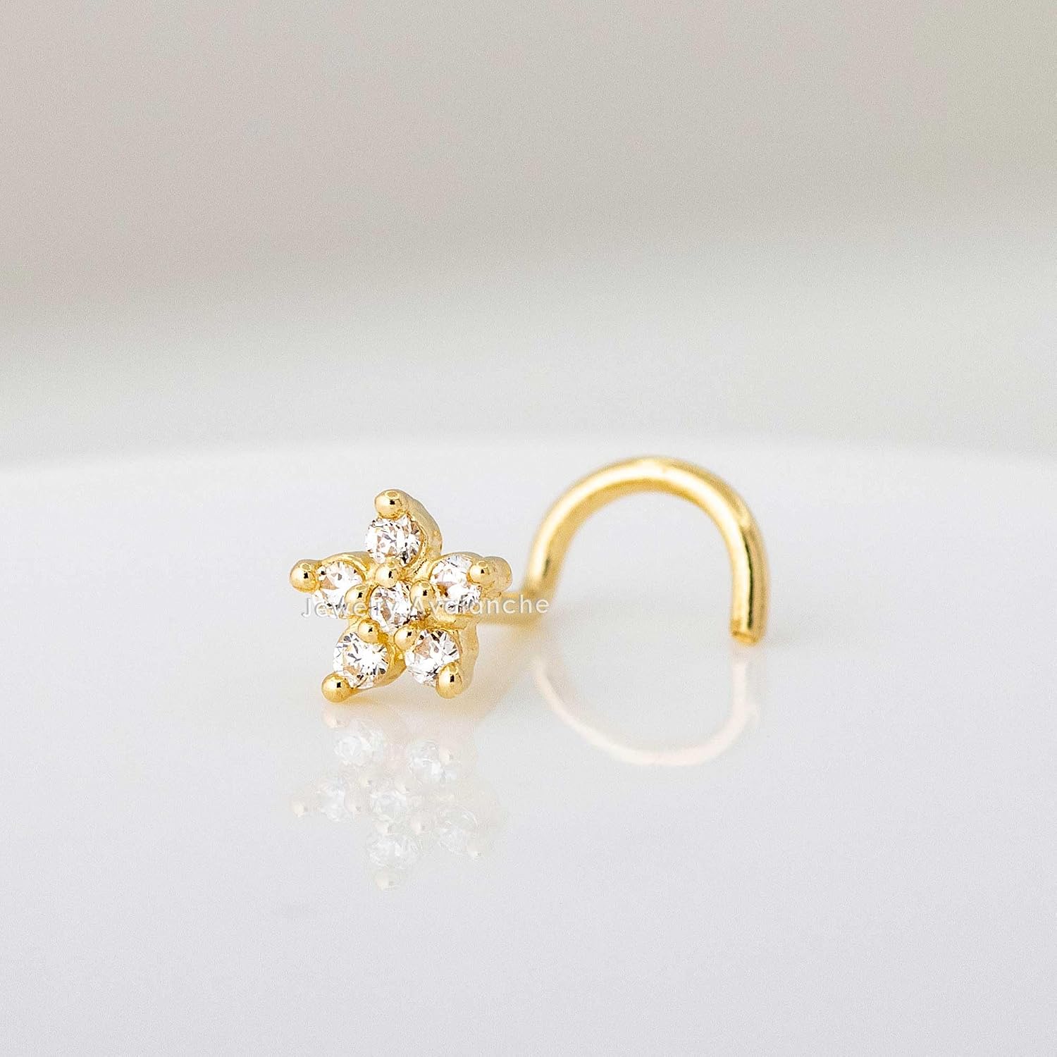 20G Solid 14K Yellow Gold 6-Stone Flower Star Nose Stud, L-Shape, Nose Screw, Nose Bone Stud, CZ Accented