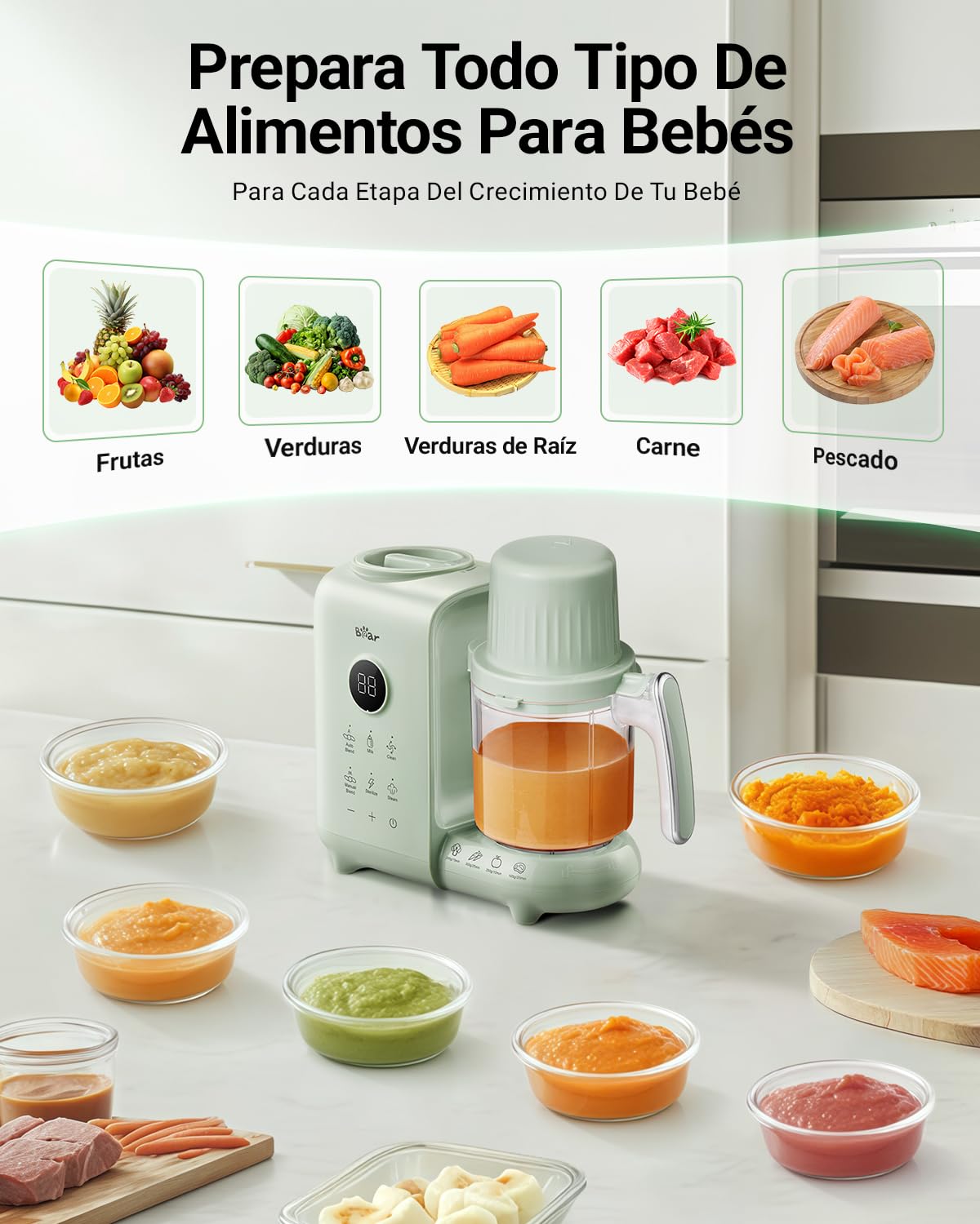Bear Vaporera 6 en 1 con batidora premium para alimentos para bebés, vapor, agitación automática, calentamiento de leche, desinfección, función de autolimpieza, función de limpieza automática (Verde)
