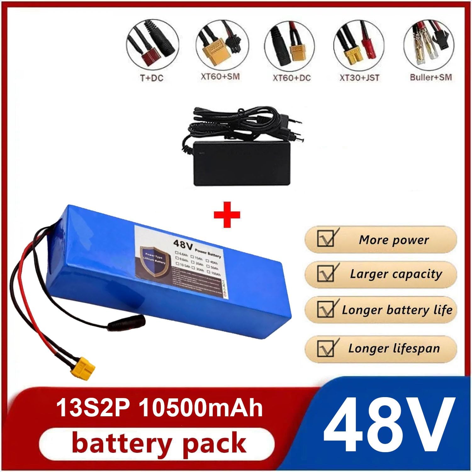 Batterie Trottinette Électrique 48V 10500Ah pour Scooter Vélo Électrique 48V Protection BMS 13S2P pour Kit De Moteur 250W 500W 800W avec Chargeur