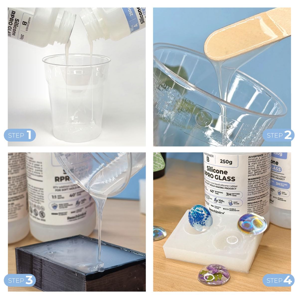 Translucent silicone rubber 1:1 R PRO GLASS, Silicone for DIY moulds, non-toxic and odourless, Ideal for resin, wax, plaster and concrete molds (500 gr)