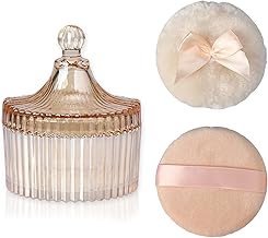 SUMTree Glass Body Powder Puffs and Container, Dusting Powder Container with 2 Puffs Washable and Reusable for Women, Empty Talcum Box Container for Baby, Small, Amber