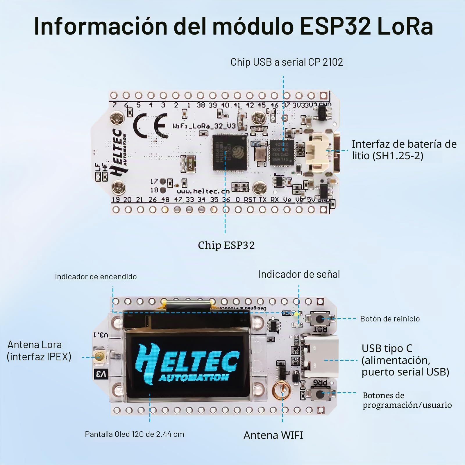 2PCS Lora ESP32 V3 Placa de Desarrollo AYWHP Meshtastic Lora ESP32 Módulo con Pantalla OLED y Antena 863 928MHZ WiFi Bluetooth Módulo IoT Junta Dual Core 240MHz para Arduino
