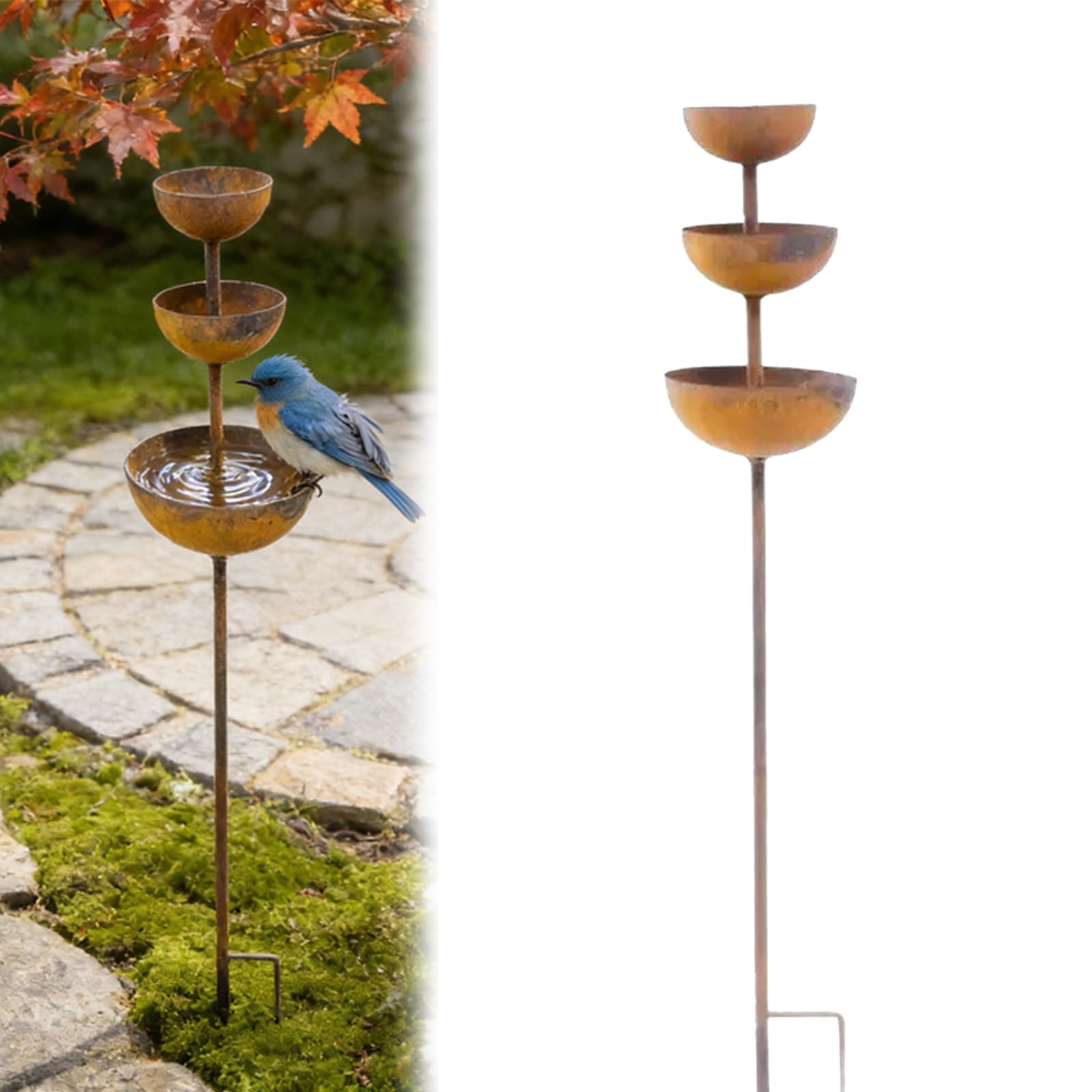 Metal Rain Catchers for Garden, 3-tiered Vintage Rust Patina Rain Catcher Ornament, Outdoor Standing Bird Feeder Rainwater, BirdBath Bowl for Outdoor Garden, Yard Lawn Decor (1Pcs)