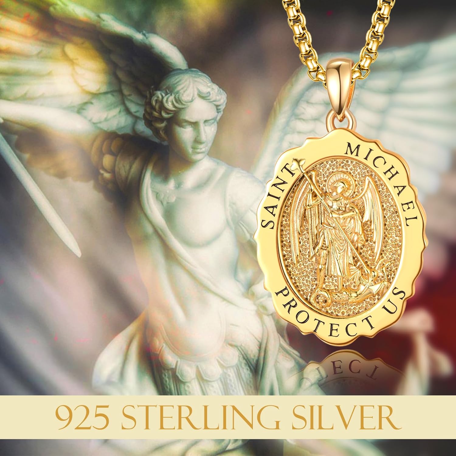 TANGPOET Saint Medal Pendant Necklace for Women Men 925 Sterling Silver 24K Gold Plated Patron Religious Christian Protection Amulet Jewelry Gifts for Birthday Mothers Fathers Day Christmas