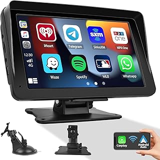 Wireless Apple Carplay Portable Car Stereo, 7" IPS Touchscreen Apple Car Play Radio Android Auto, Mirror Link/Bluetooth/Navigation/Voice Control with Dash Mount Detachable Sunshade for All Vehicles