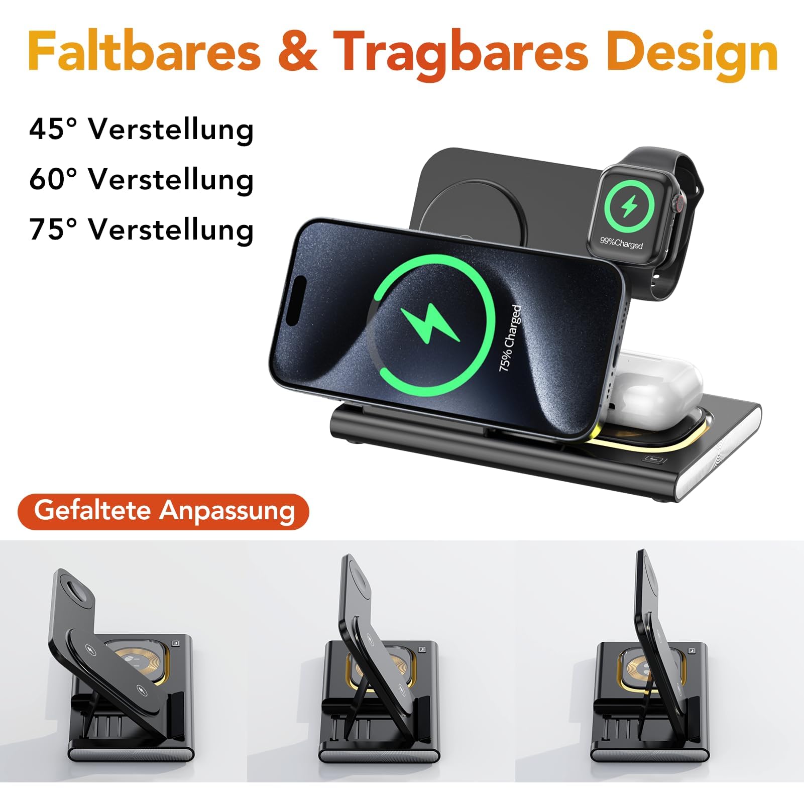 Aimtel 3 in 1 Induktive Ladestation Faltbare&Nachtlichter Kompatibel mit iPhone 17/17 Pro/17 Pro Max/17 Air/16/15/14/13,Apple Watch 11/Ultra 3/10/9/8/SE 3 für Air-Pods Pro/4/3/2 Kabelloses Ladegerät