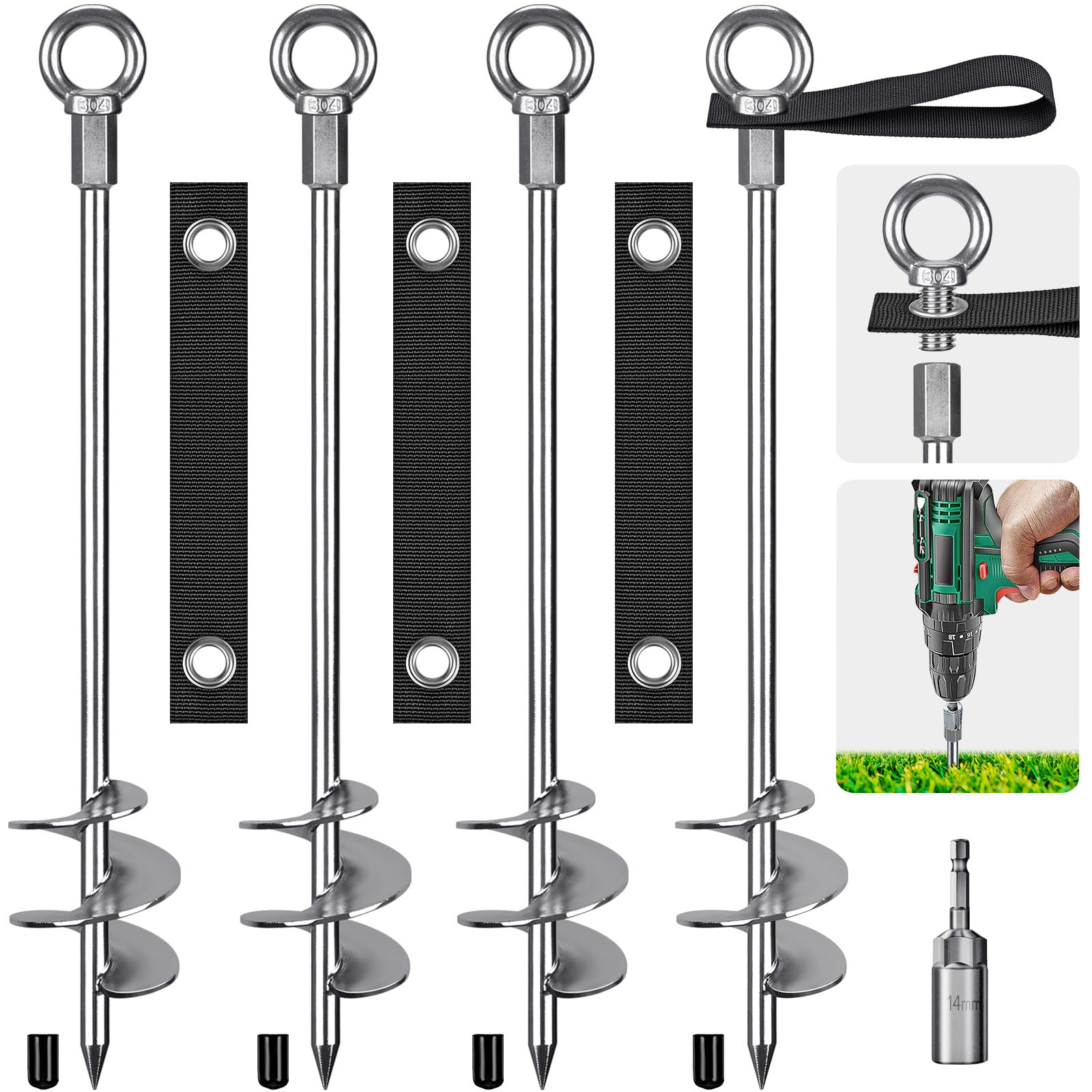 Insaga Bodenanker Erdanker 61cm Boden Anker Zelt Heavy Duty Trampolin Anchor Zum Eindrehen für Zelte, Schaukelgestell, Vordächer, Camping, Widerstehen Starkem Wind Rostfrei mit Fester Schlaufe 4 Stück