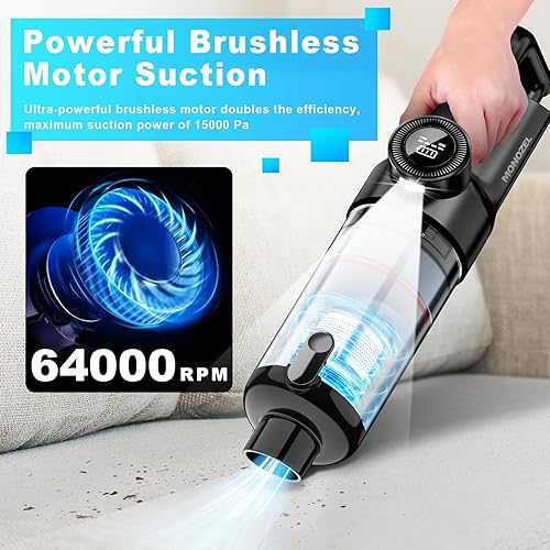 Miniatura 2 de Aspiradora de mano inalámbrica aspiradora de automóvil con motor sin escobillas, carga rápida, 15000 Pa potente succión con luz LED, 2 fliters,