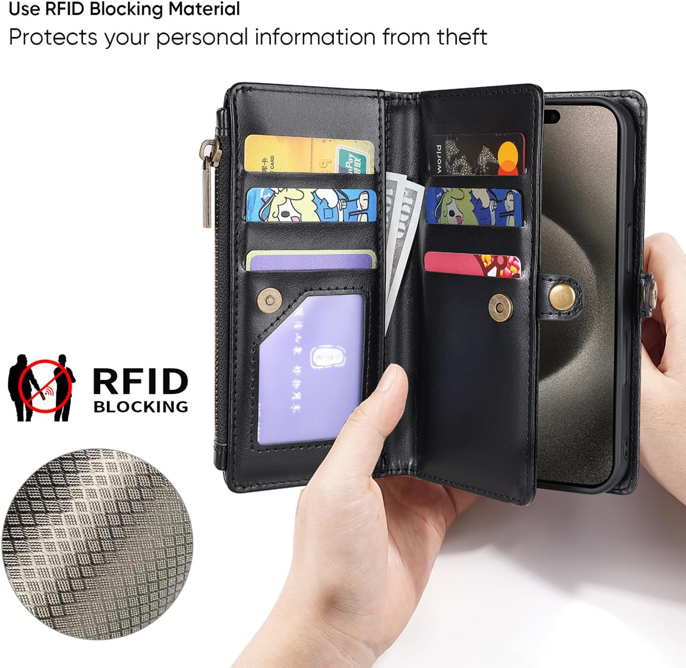 MInCYB for iPhone 16 Pro Wallet Case – Detachable Magnetic Wallet with RFID Blocking, PU Leather Zipper & Strap for Women Men - Image 6
