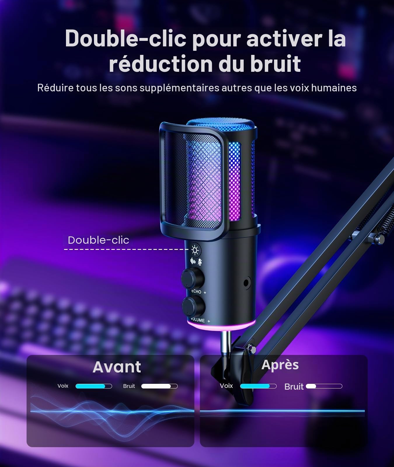 Microphone USB de jeu, microphone à condensateur avec suppression du bruit avec sourdine, bras articulé pour micro-réglage de la réverbération, surveillance pour streaming, podcasting, Discord