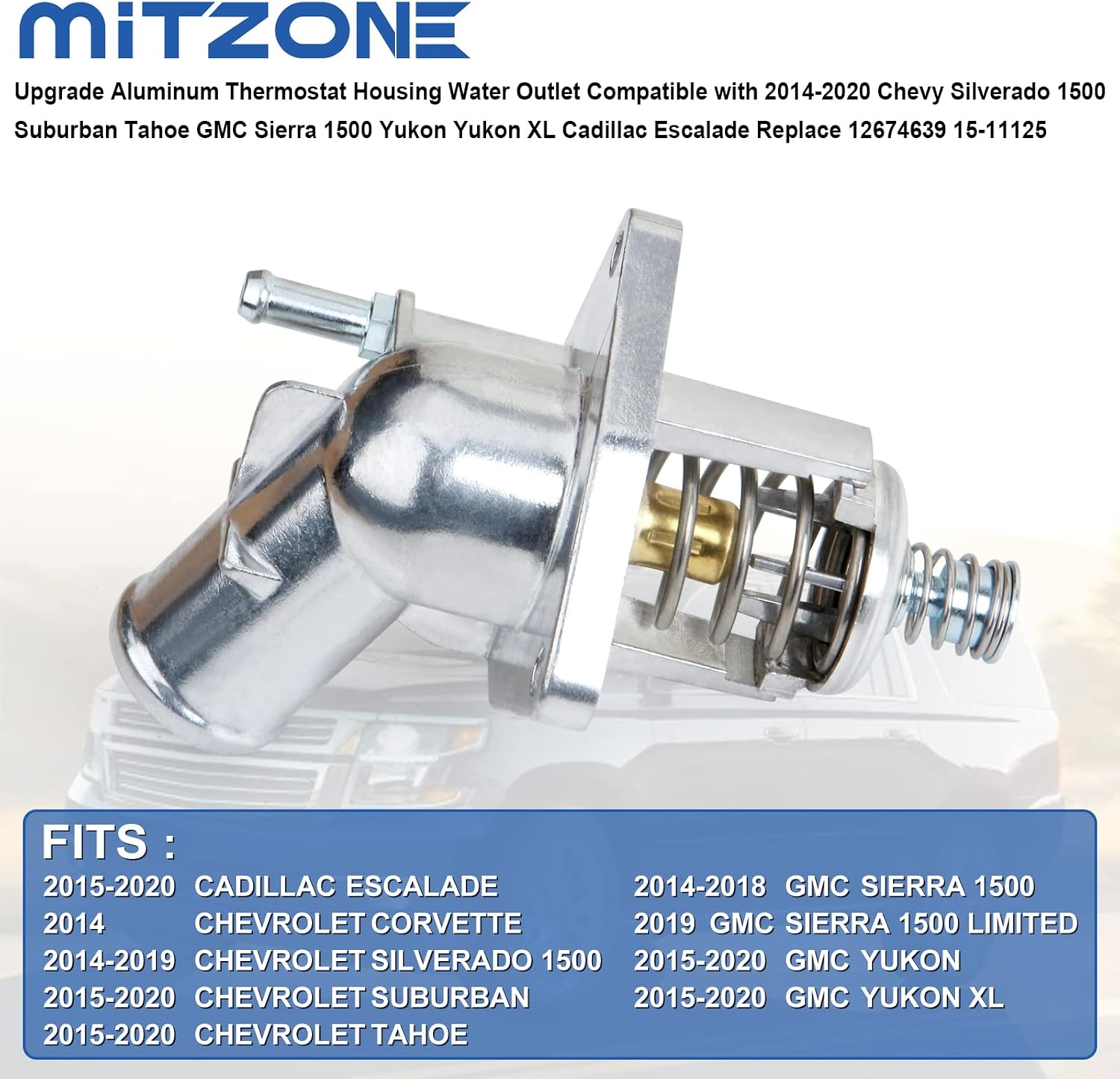 MITZONE Upgrade Aluminum Thermostat Housing Water Outlet Compatible with 2014-2020 Chevy Silverado 1500 Suburban Tahoe GMC Sierra 1500 Yukon Yukon XL Cadillac Escalade Replace 12674639 15-11125