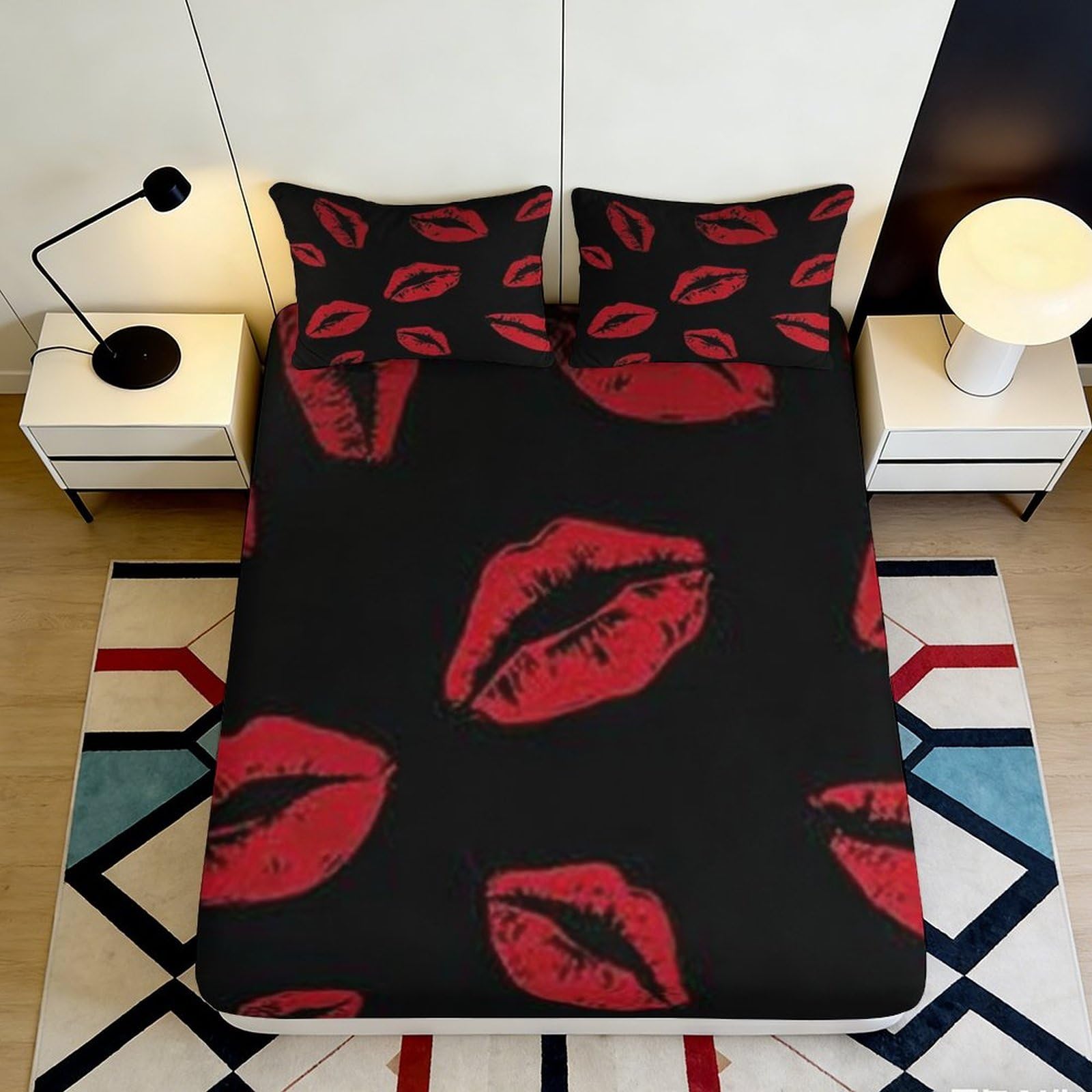 3D Printed Red Lip Print Fitted Sheet Microfiber Soft Black Kiss Pattern Mattress Cover for Bedroom Guest Room Home Decor 90x200x25cm