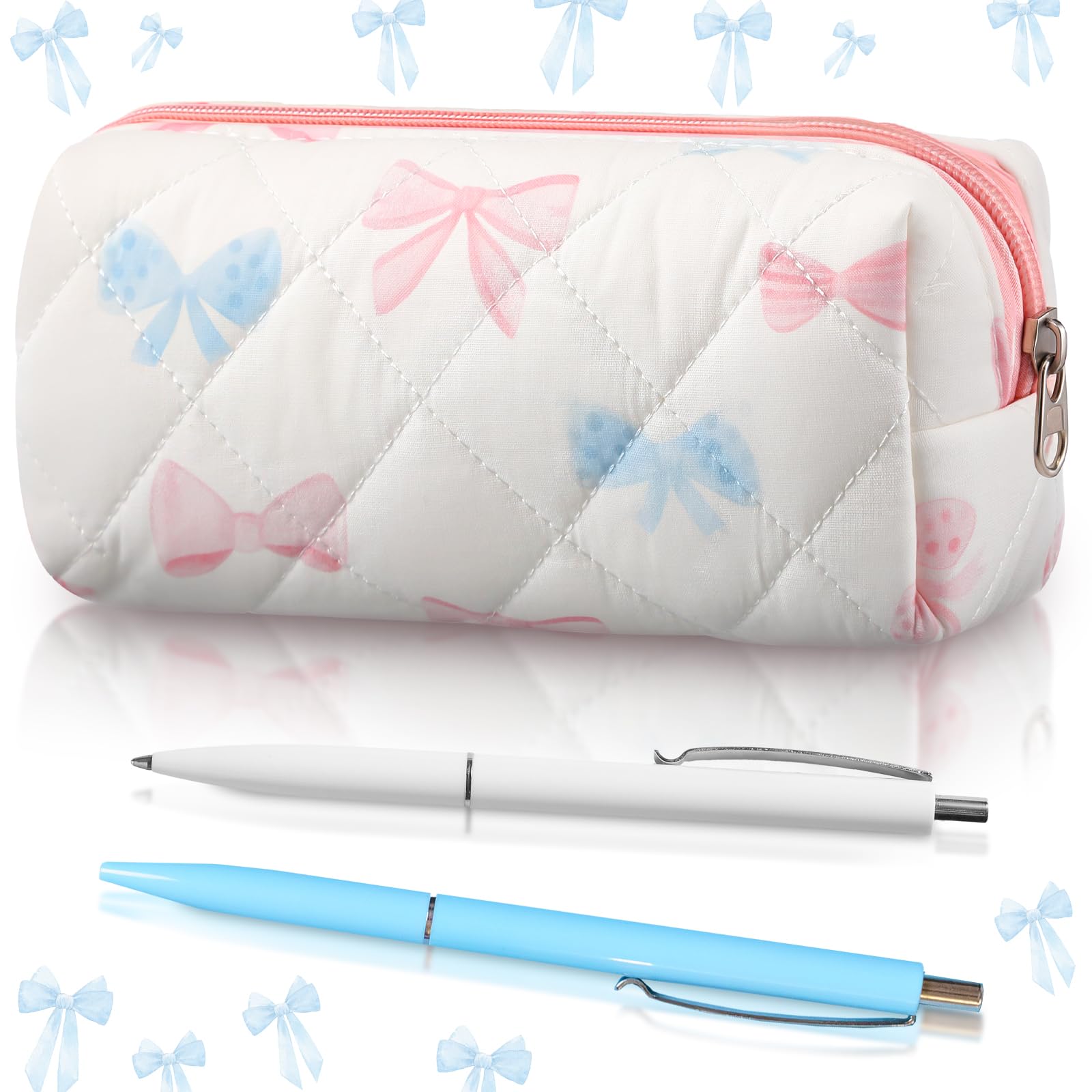 Sherr Coquette Bow Pencil Case Pink Blue Bow Cute Pencil Pouch Soft Cotton Storage Bag Aesthetic Pattern Gift Makeup Pouch Cosmetic Bag for Women Adults