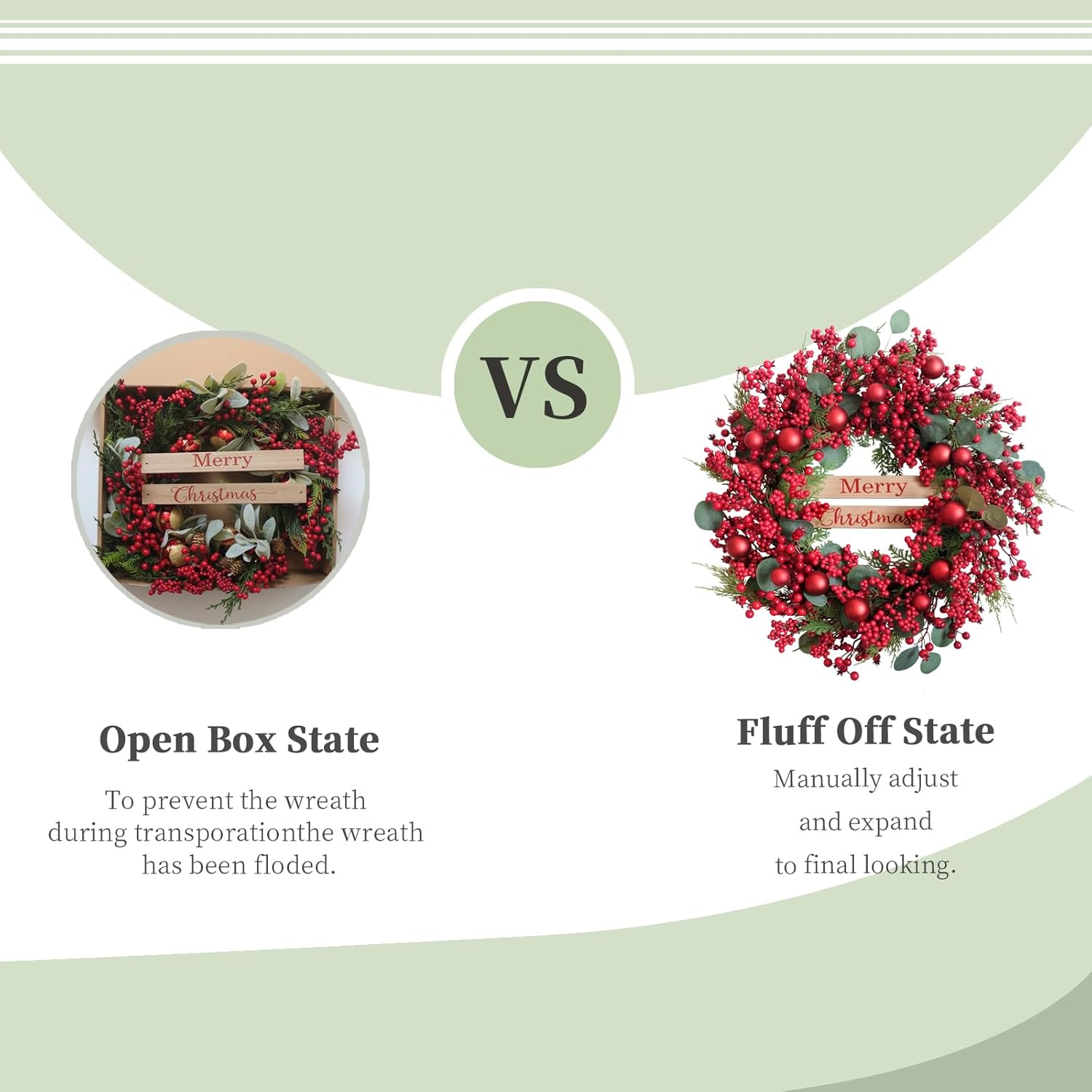 24 inch Christmas Wreaths with Berry and Eucalyptus Leaves, Red Christmas Front Door Wreath with Pine Branch,Ball Ornaments Artificial Wreath for Indoor and Outdoor Decor
