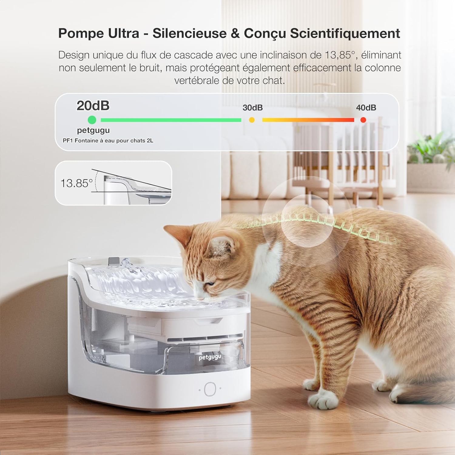 PETGUGU Fontaine à Eau Chat Intelligente Silencieuse – Réservoir 2L avec Filtration 8 Niveaux et Contrôle via APP - Description