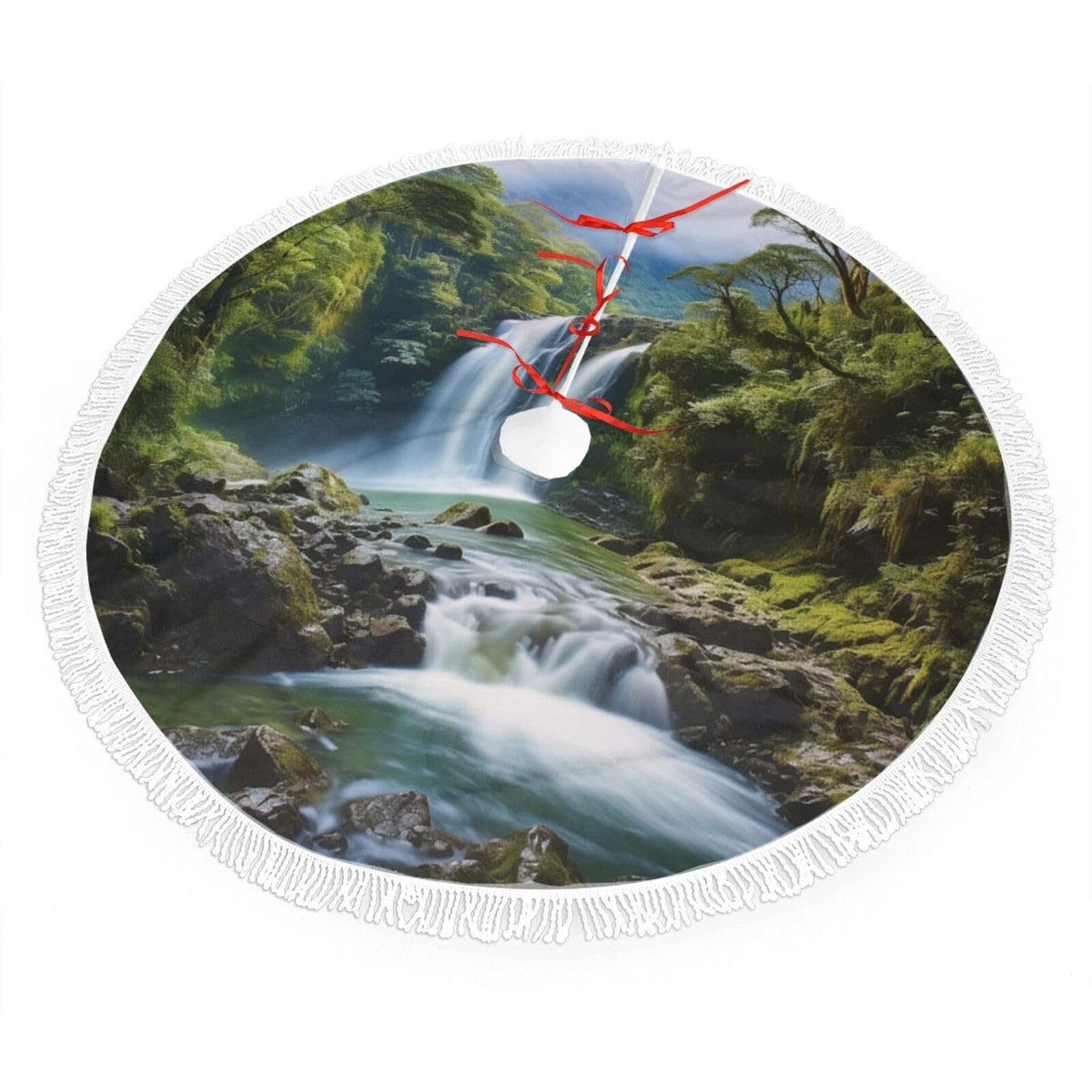 Waterfall Landscape Painting Christmas Tree Skirt 36", Soft Plush Xmas Tree Carpet with Tassel Christmas Ornaments Winter Holiday Tree Mat Decoration for Home Party Supplies
