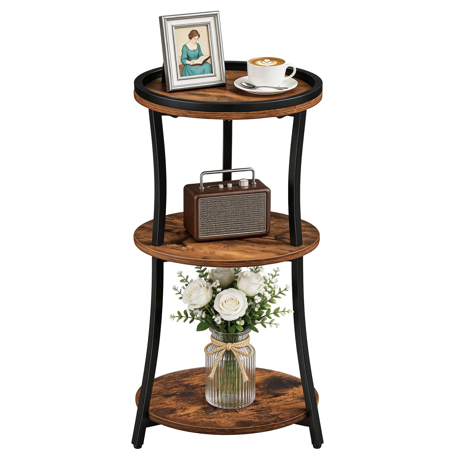 MAHANCRIS Table d’Appoint Ronde avec Bord Légèrement Surélevé, Table de Chevet à 3 Niveaux avec Rangement, Table de Style Industriel, pour Salon, Chambre, Marron Rustique et Noir AETHR3201