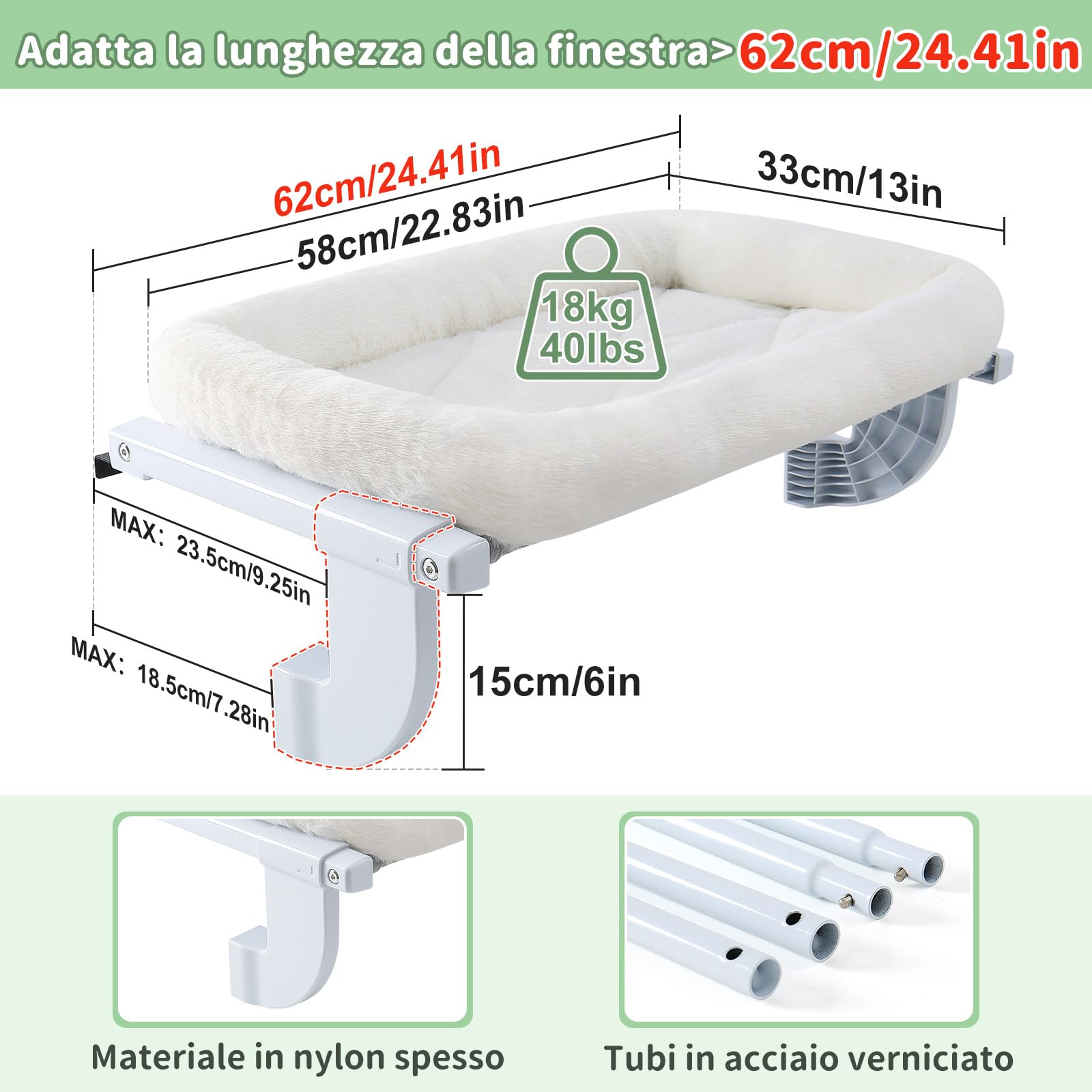 GUUSII HOME Amaca per Gatti da Finestra Gatto Cuccia Morbida Interno Letto Regolabile Gattino Cucce Trespolo Facile da Montare e Spostare per Comodino Sostenere Fino a 18kg (Bianco, M)