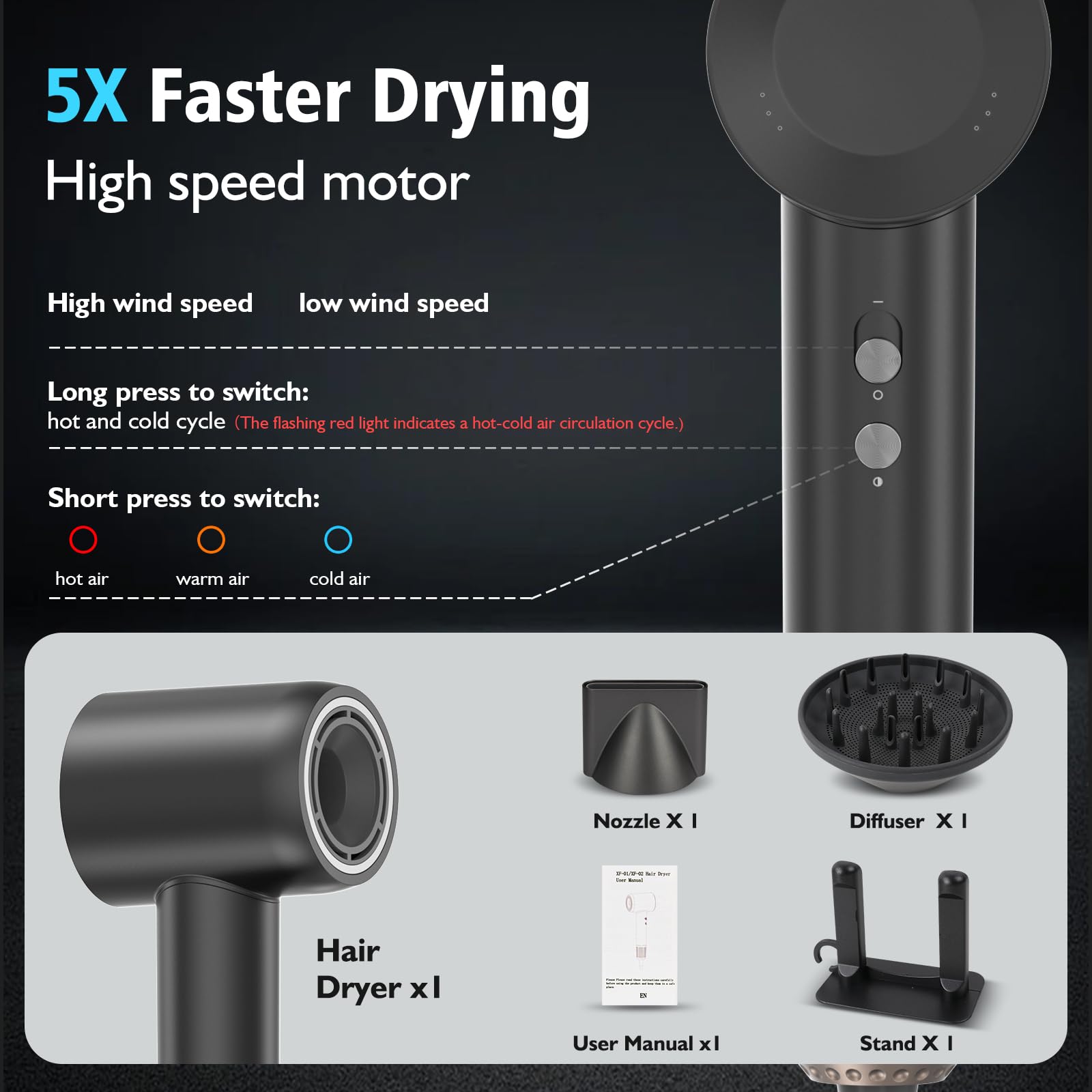 Secador de Pelo Profesional con Difusor y Boquillas, 59 dB de Bajo Ruido Secador de Pelo Iónico, Motor Sin Escobillas de 160.000 rpm, Hair Dryer con 3 Temperaturas y 2 Velocidades, Negro