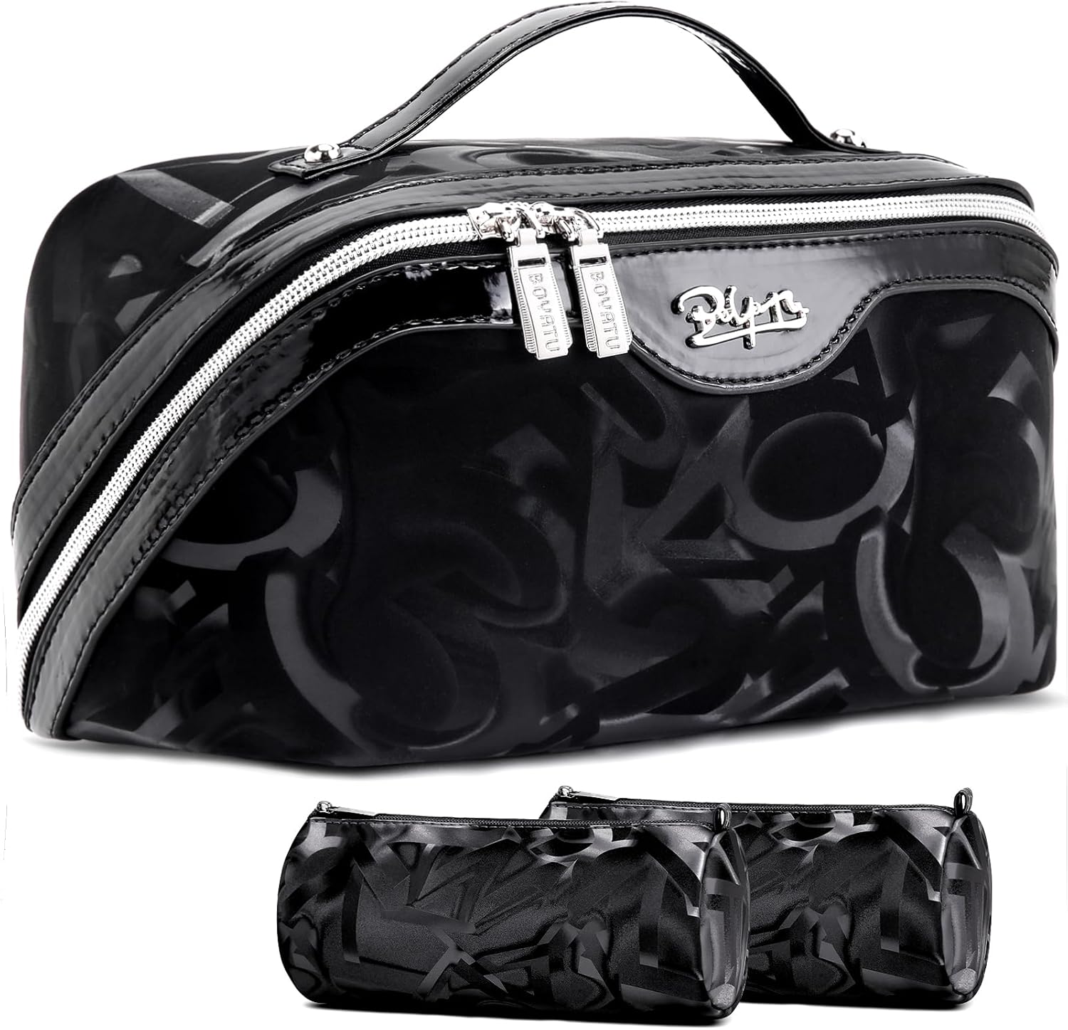BOYATU Travel Makeup Bag for Women: Y2K Aesthetic Personalized Glossy 3 Pcs Set Cosmetic Organizer Bag - Trendy Statement Toiletry Pouches for Forward Women - Stand Out at Festivals & Trips(A-2-Black)