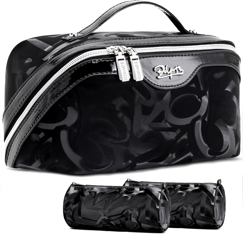 Necessaire de maquiagem BOYATU com organizador e bolsas removíveis, preta, Pacote com 3