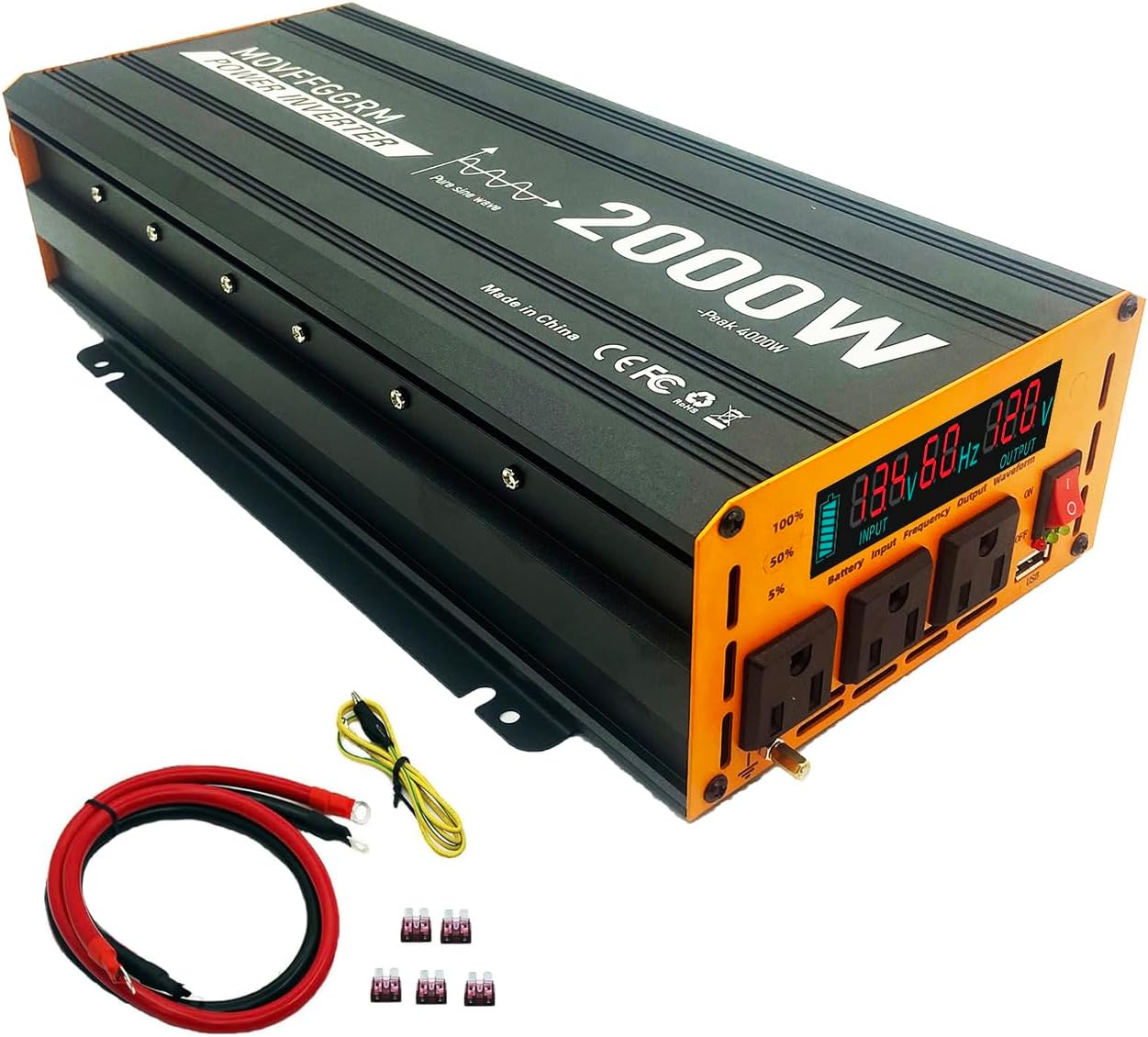 2000W Pure Sine Wave Energy Inverter peak-4000 Watt,DC 12V to 110V,with 3xAC,USB Port,LCD Digital Show