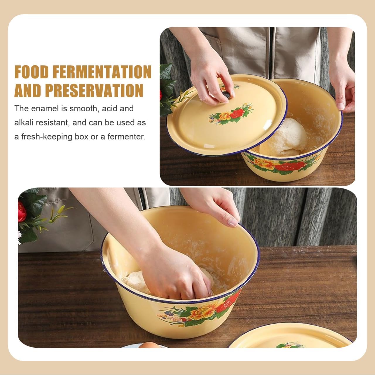 ULTECHNOVO Vintage Enamel Basin with Lid: 8-Inch Retro Food Storage Bowl for Lard Oil & Kitchen Decor, Traditional Chinese Style Wash Basin for Camping and Home
