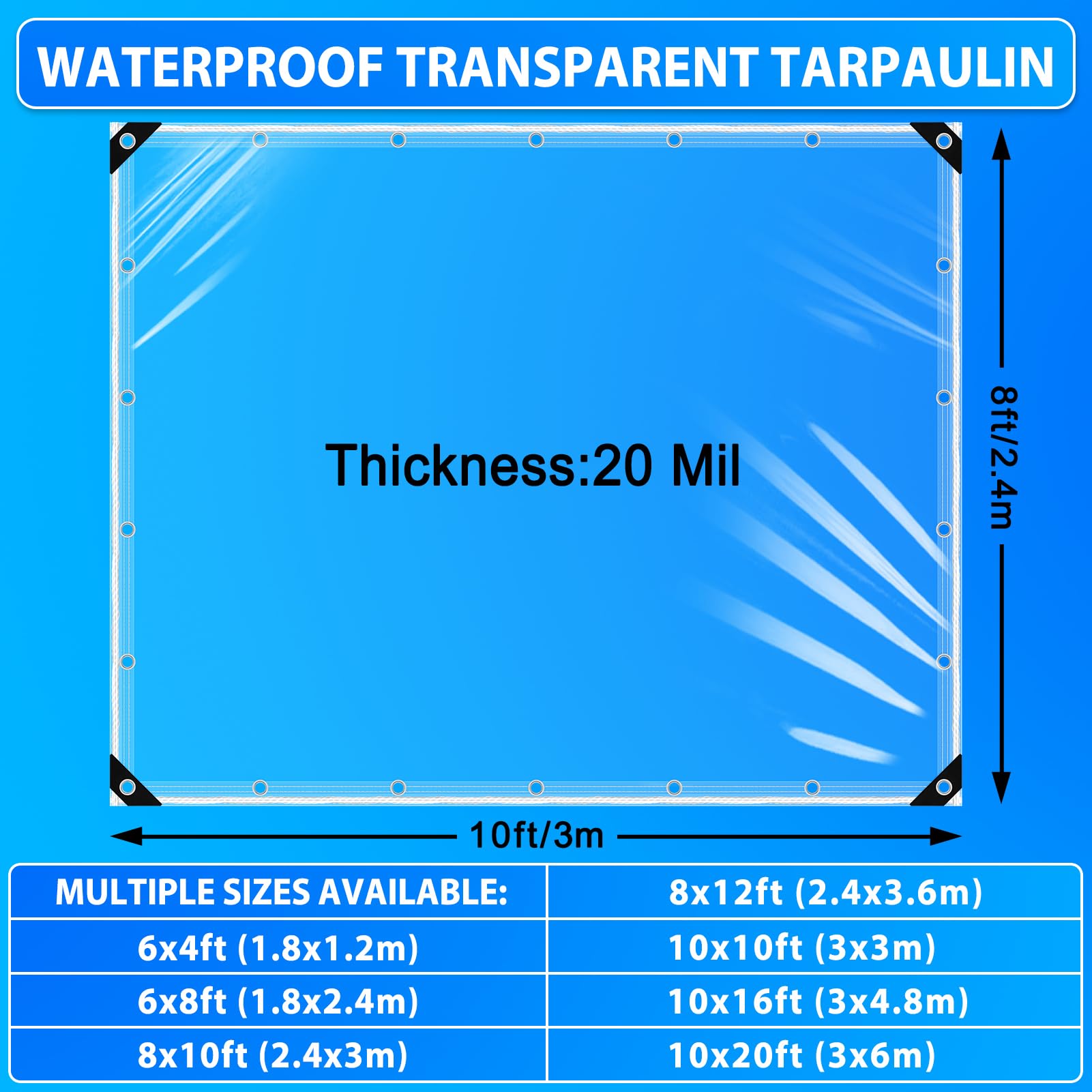 Bâche transparente en plastique robuste et imperméable de 2,4 x 3 m avec œillets pour terrasse, porche extérieur, pavillon, serre pour plantes d'hiver, bâche transparente en vinyle PVC (2,5 x 3 m)