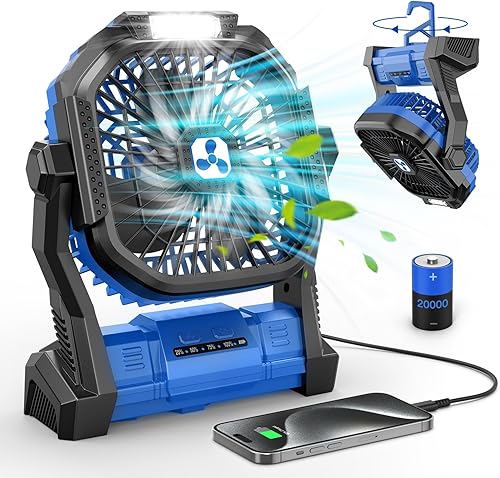 Vista 19 de Ventilador portátil recargable de doble cabezal de 20,000 mAh, ventilador de camping alimentado por batería, inalámbrico con linterna LED y control