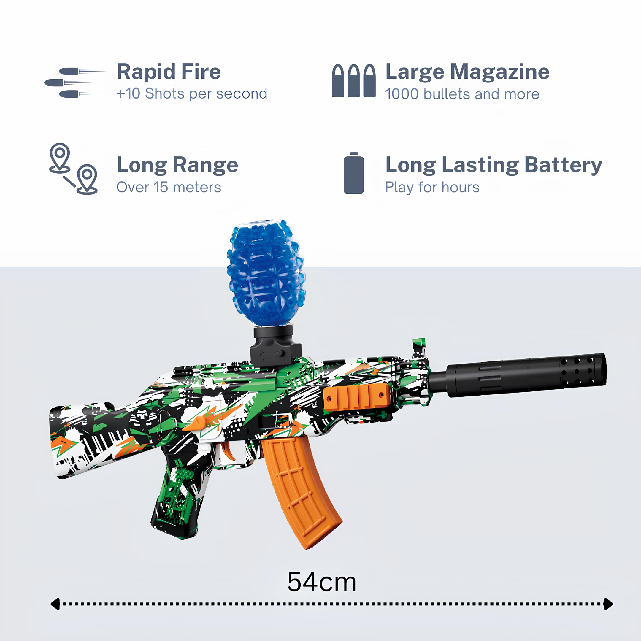 Gel Blaster Gun AK47 – Pistolet à Bille Eau Electrique Automatique – 20000 Balles et Lunettes – Watersoft Puissant Fusil Arme Mitraillette - Adulte Gelfire Water Gun