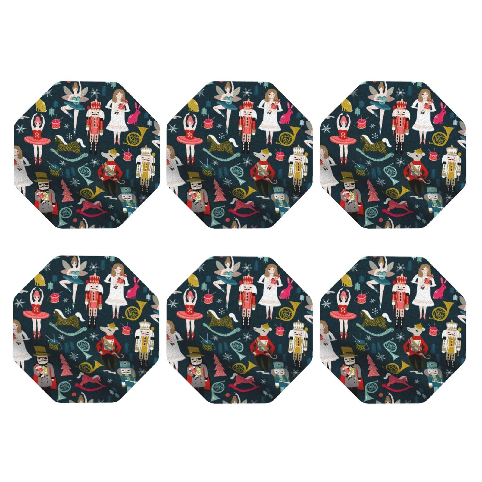 Drink Coasters Set of 6 Cute Drink Coasters for Cup Nutcracker Ballet Xmas Dance Leather Coasters Protection for Table Desk Heat Resistant Coffee Coasters for Desk Kitchen Office