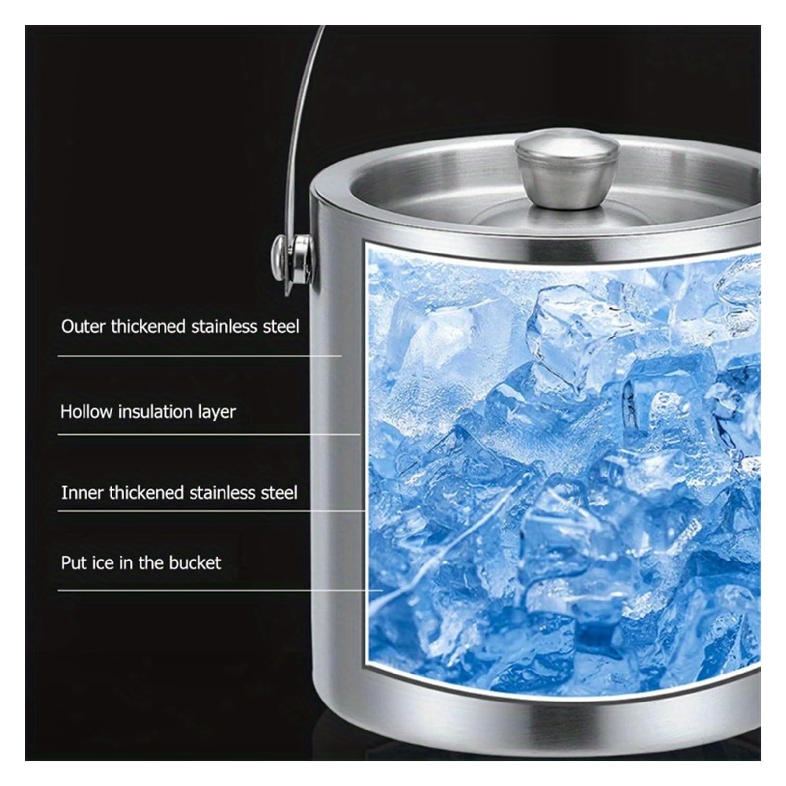 Secchiello for Ghiaccio Isolato in Acciaio Inossidabile da 1,6 l/2 l/3 l, for Vino, Birra, Champagne, KTV, Feste, refrigeratore per Feste ed Eventi(1.6L)