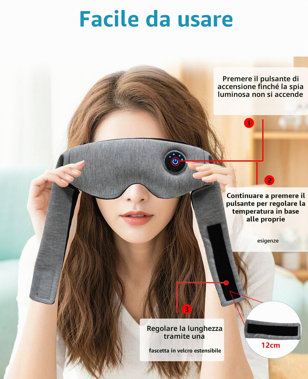 Maschera per occhi riscaldata, impacco caldo per occhi, maschera termica umida con fascia in velcro per trattamento blefarite e occhi secchi, 3 livelli di calore regolabili, lavabile e