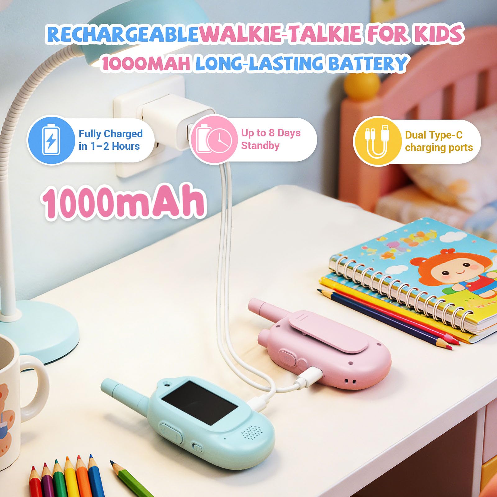 Talkie walkie vidéo pour Enfants, Cadeau pour Les garçons et Les Filles à partir de 3 Ans, Talkie-walkie Rechargeable, Jeux et Jouets pour Enfants, Coloris Rose et Bleu