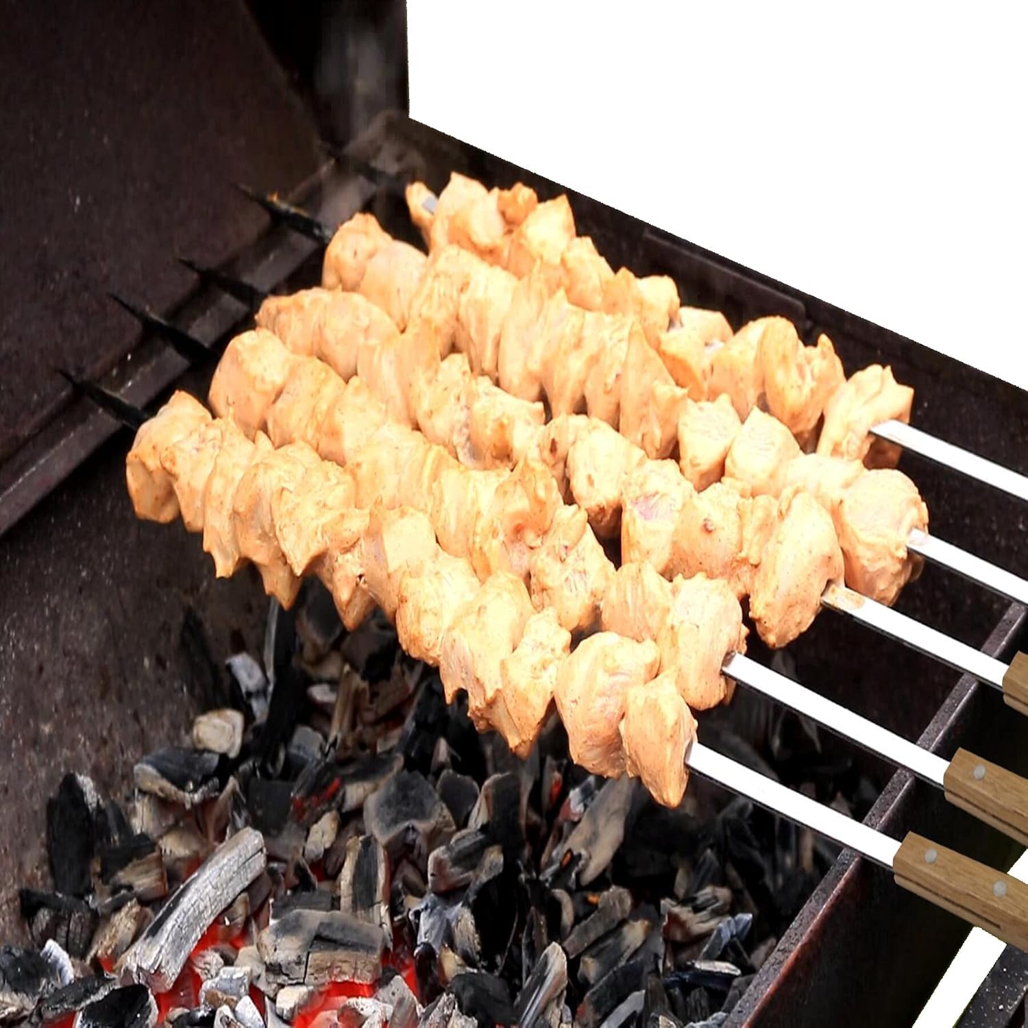 Confezione da 12 spiedini per kebab e barbecue, in acciaio inox, 50 cm, resistenti, grandi, riutilizzabili, con manico in legno antiscivolo, ideali per shish, kebab, pollo, gamberetti e verdure